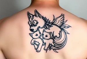 Japanese Fô dog with baby Fô dog under her paw with wind elements around tattoo idea