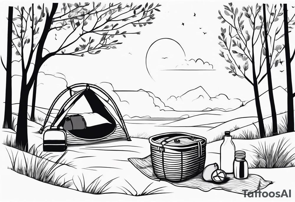 Very light, minimalstic picnic scene in nature. A blanket on the ground with one picnic-basket with lid, one backpack, pillows and tennants in the trees. tattoo idea