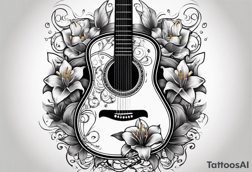 basic black acoustic guitar wrapped with lilies around the neck, with a simple black star on the guitar body. meant for the inside of a woman's bicep tattoo idea