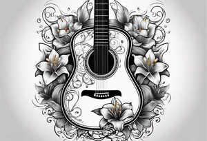 basic black acoustic guitar wrapped with lilies around the neck, with a simple black star on the guitar body. meant for the inside of a woman's bicep tattoo idea