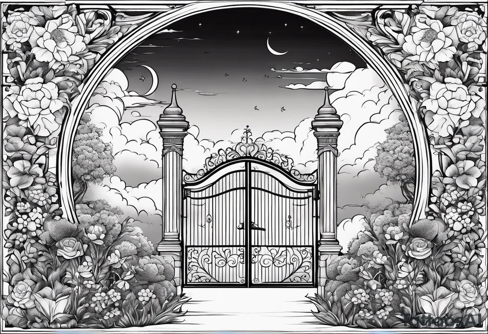 night medieval town garden gate entrance
in circle vignette surrounded by clouds floral tattoo idea
