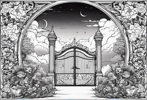 night medieval town garden gate entrance 
 in circle vignette surrounded by clouds floral tattoo idea