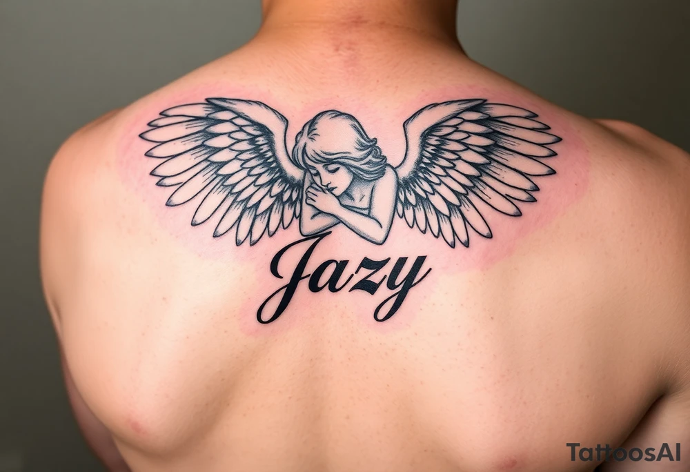 upper shooulder tattoo - Remembrance angel of a deceased best friend with the name Jazy incorporated tattoo idea