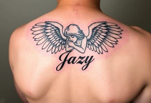 upper shooulder tattoo - Remembrance angel of a deceased best friend with the name Jazy incorporated tattoo idea