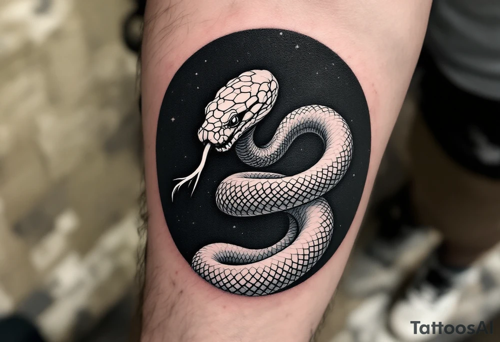 A white osnake eating its own tail on a black circular background, symbolizing eternal safety. tattoo idea