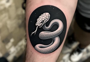 A white osnake eating its own tail on a black circular background, symbolizing eternal safety. tattoo idea