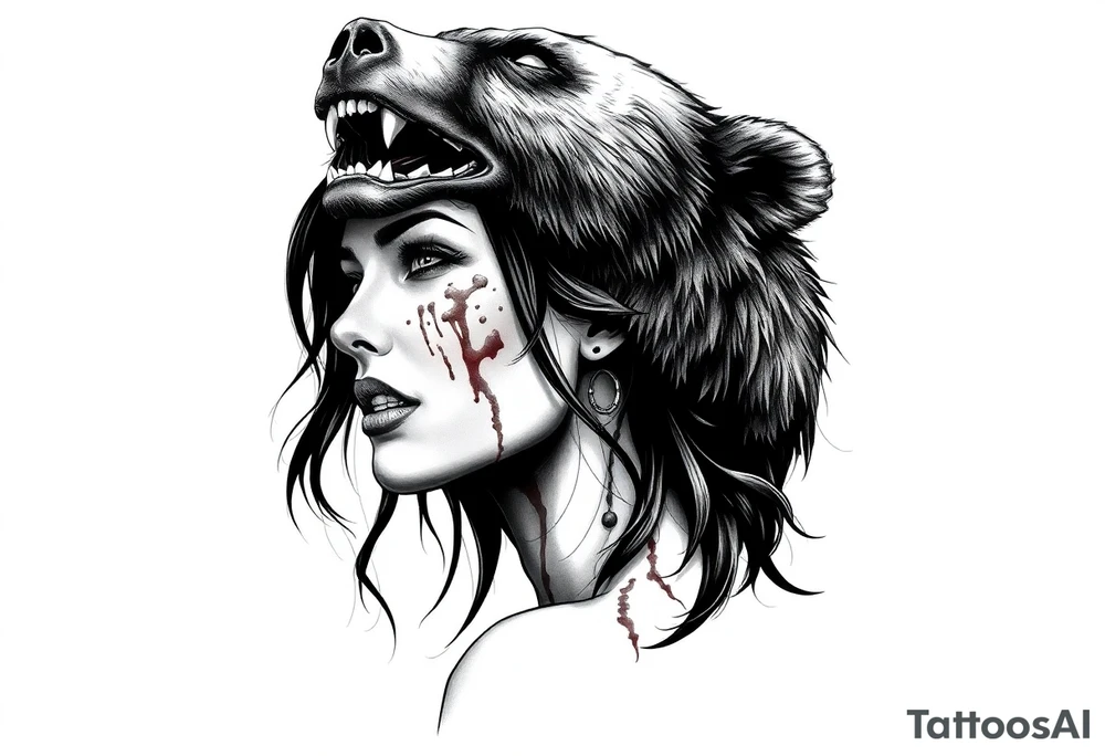 Beautiful Woman with battle scars and blood on face wearing dead bear on head tattoo idea