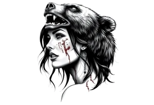 Beautiful Woman with battle scars and blood on face wearing dead bear on head tattoo idea