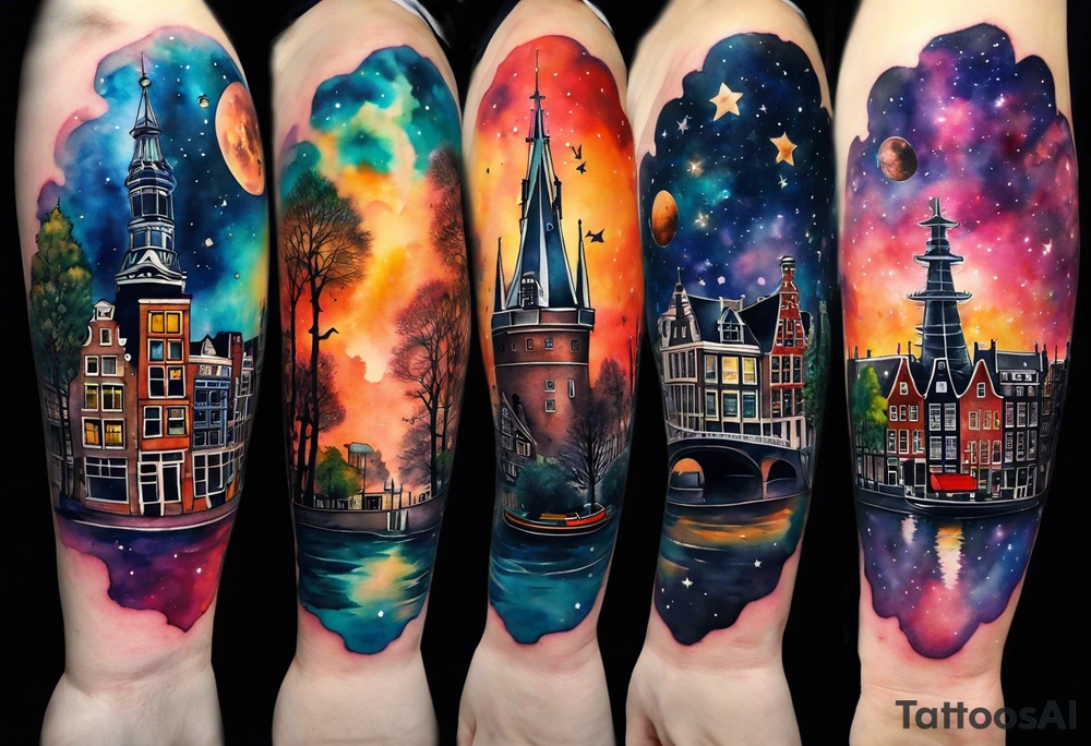 Arm tattoo, Animals in space suits, birds, stag, fox, watercolour of animals made from glass in Amsterdam featuring Amsterdam buildings and Amsterdam canal in galaxy colours featuring pineapples as space colours, galaxy colours, night sky, pineapples tattoo idea