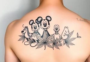 Randomly placed disney characters on an arm posing with marijuana leaves full arm sleeve tattoo idea