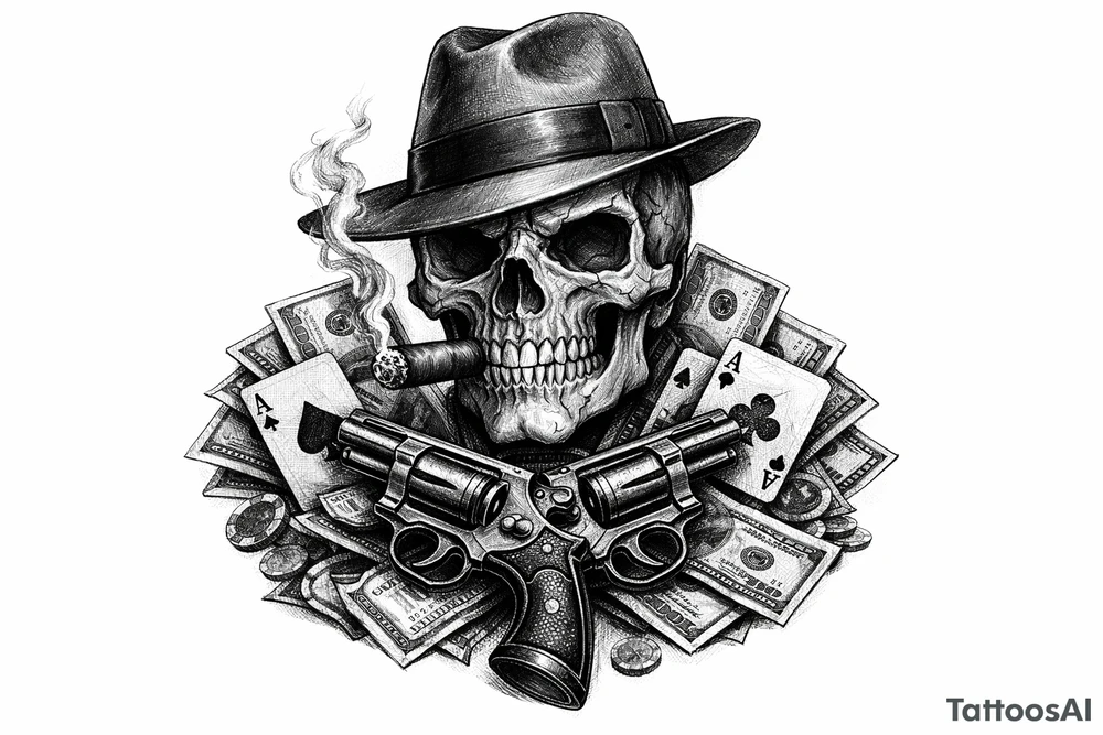 A black and grey skull with a fedora, cigar, and crossed revolvers, with scattered money and cards. tattoo idea