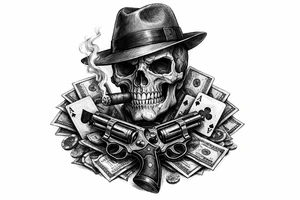 A black and grey skull with a fedora, cigar, and crossed revolvers, with scattered money and cards. tattoo idea