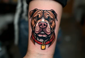 Comic-style pitbull with exaggerated grin, chocolate brown coat, thick black lines, bold red collar with a gold tag. tattoo idea