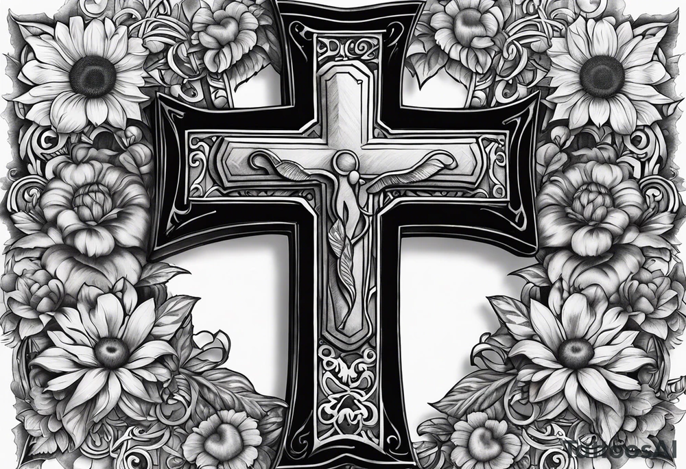 A cross with my family’s names on it names are Peter Lori Kyle and around Peter’s name put a motercycle and a bear around loris name put a sunflower and a heart and around Kyle’s name put a baseball and electricity tattoo idea