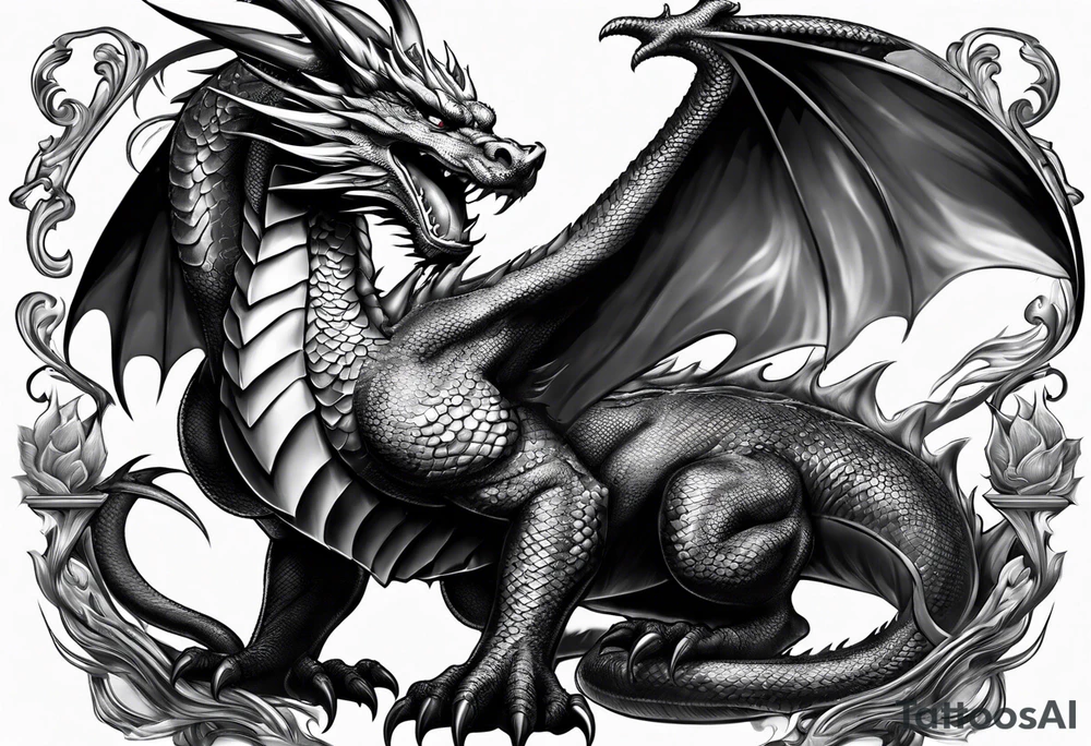Dragon with dumbbell in mouth tattoo idea