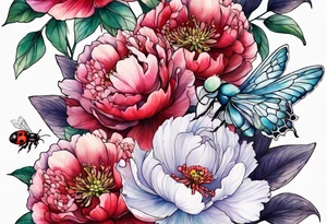 Vibrant peony with hydrangea and petunias and blossoms and foliage and a ladybug and a bee tattoo idea