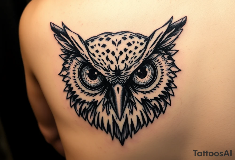 Owl head with large intense tripping on acid colored eyes with cyberpunk style tattoo idea