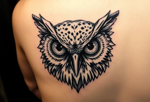 Owl head with large intense tripping on acid colored eyes with cyberpunk style tattoo idea