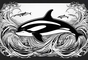 transient orca, flowing body, wrapped in kelp, smooth, wraps around pectoral muscle tattoo idea