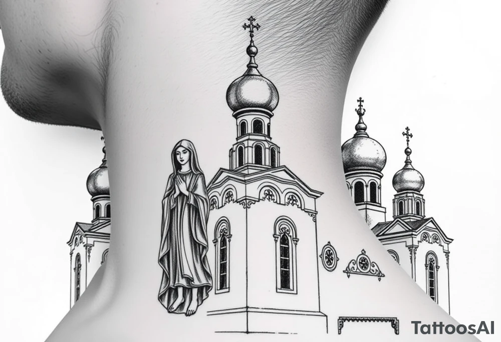 Russian orthodox church with bulb domes with a prominent russian orthodox style virgin mary stood outside to the left russian themed tattoo idea