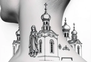 Russian orthodox church with bulb domes with a prominent russian orthodox style virgin mary stood outside to the left russian themed tattoo idea