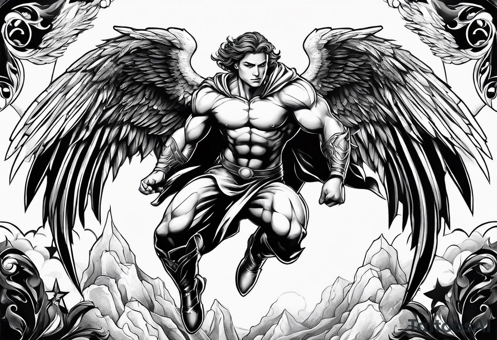 Angel in the pose of a superhero landing tattoo idea