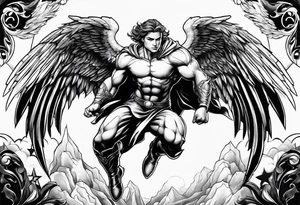 Angel in the pose of a superhero landing tattoo idea