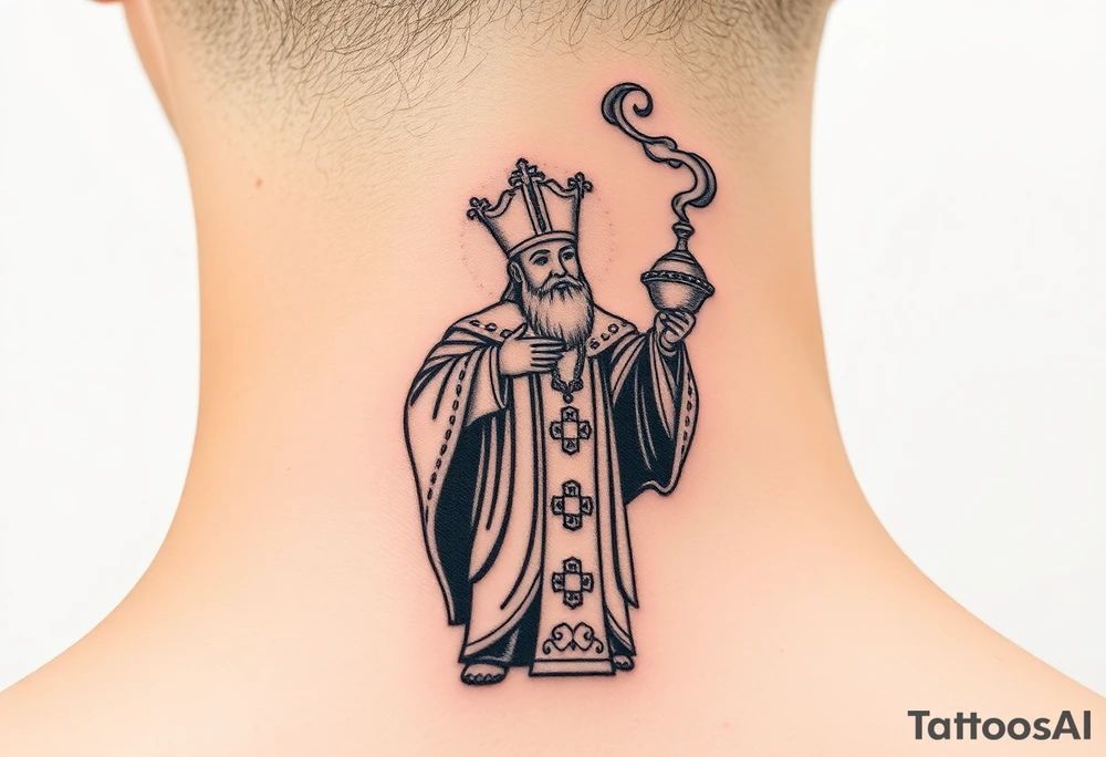 Russian Orthodox Priest in a fully detailed gold vestment swinging a censer with smoke curling upward tattoo idea