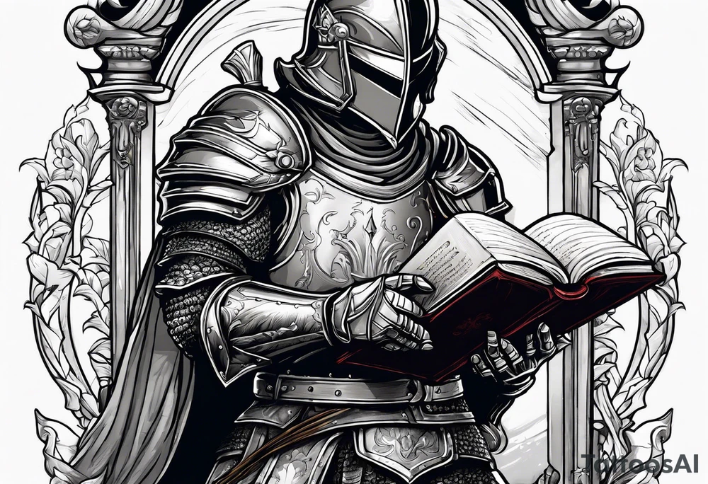 knight holding a bible over his head in combat with both hands tattoo idea