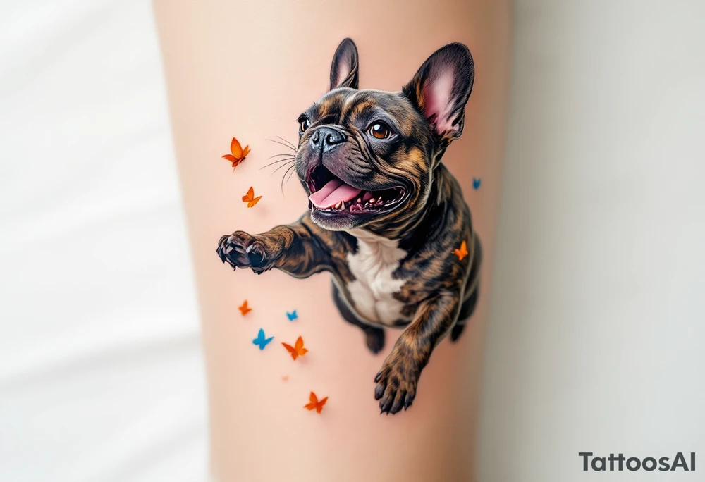 French Bulldog chasing butterflies, mid-leap with joyful expression, brindle coat with small orange and blue butterflies around. tattoo idea