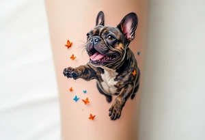 French Bulldog chasing butterflies, mid-leap with joyful expression, brindle coat with small orange and blue butterflies around. tattoo idea