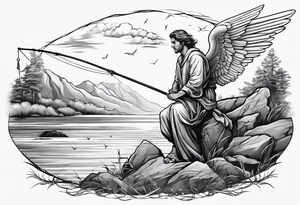 male angel with halo fishing in on a shore tattoo idea