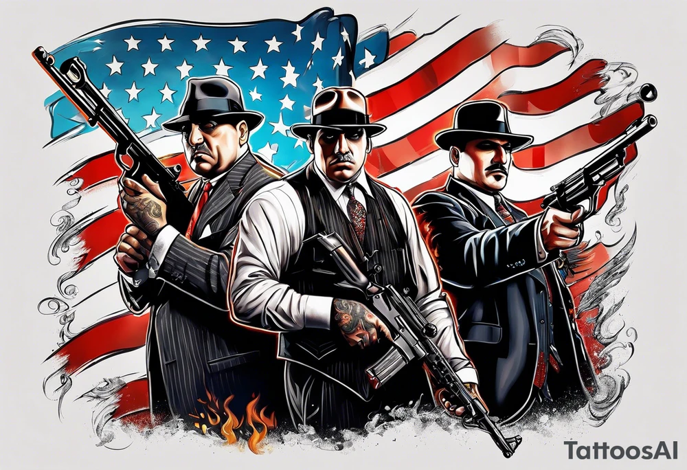 capone style gangsters battling with machine guns against a dark flame background 
american flag and sexy women tattoo idea