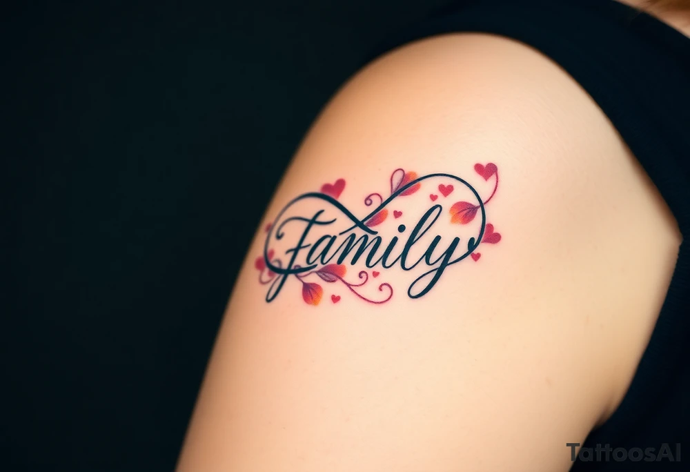 A flowing infinity symbol intertwined with the word "family" written in elegant cursive, symbolizing endless love and connection tattoo idea