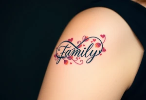 A flowing infinity symbol intertwined with the word "family" written in elegant cursive, symbolizing endless love and connection tattoo idea