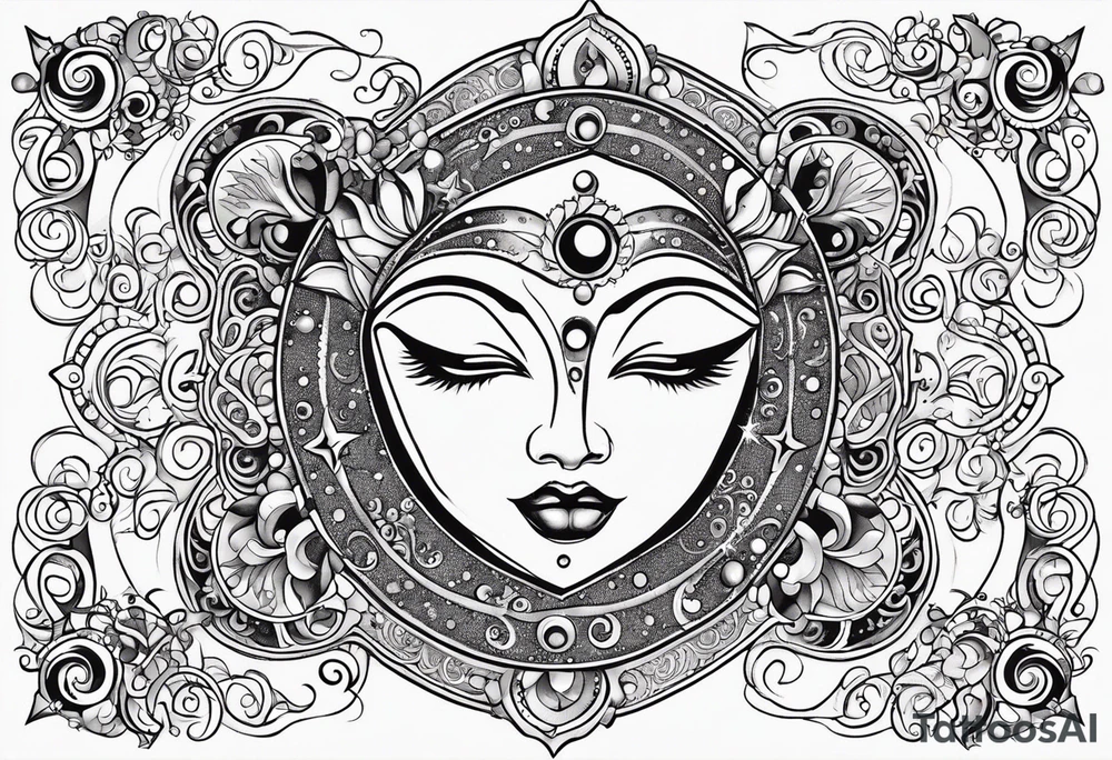 Feminine alien Sun and moon. Freeform rectangular sternum swirls with dots and stars tattoo idea