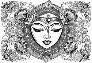Feminine alien Sun and moon. Freeform rectangular sternum swirls with dots and stars tattoo idea