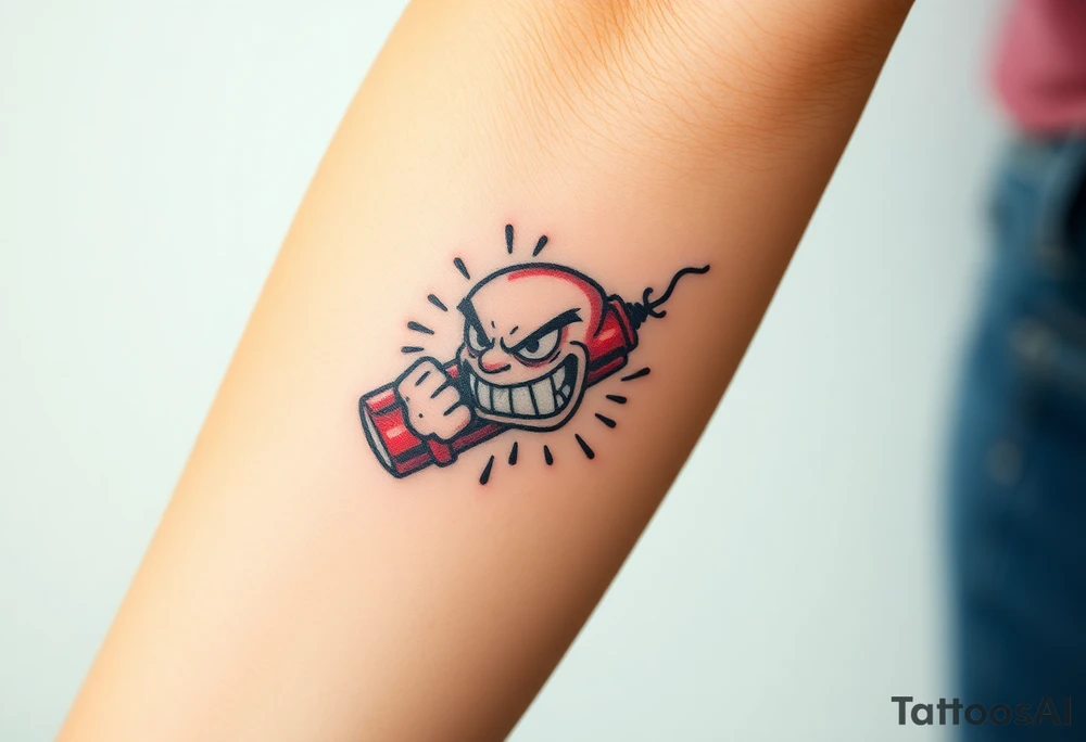 angry stick of dynamite with a mean face and muscles exploding tattoo idea