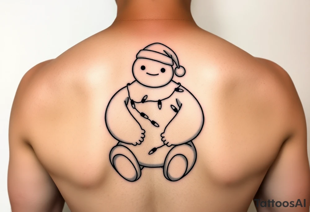 Disney Christmas themed sitting Baymax  wrapped up in Christmas lights and Santa hat tattoo idea