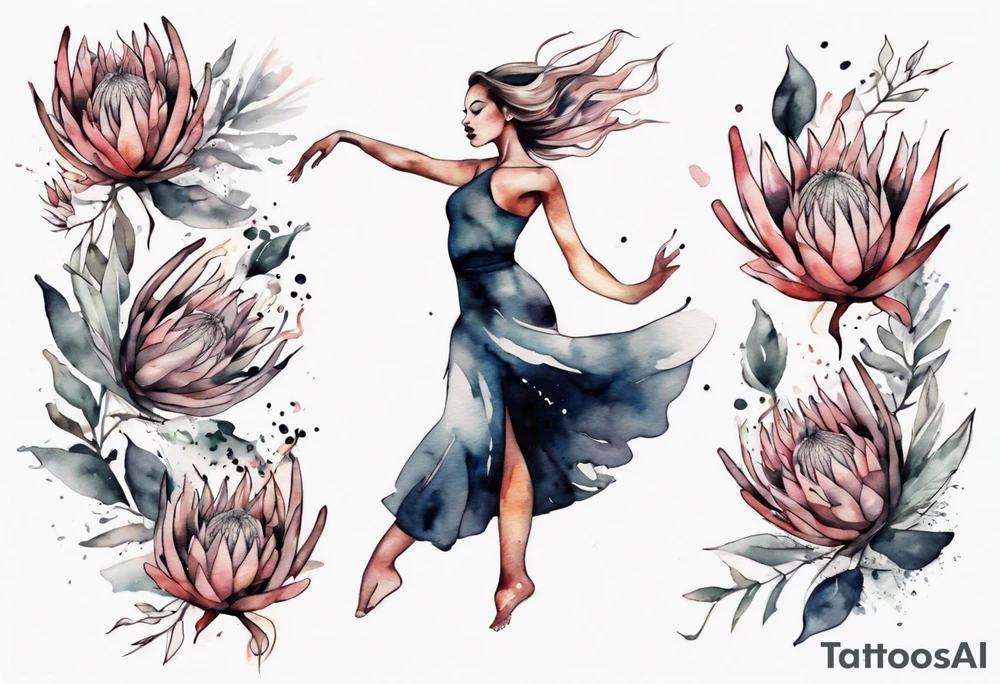 Very feminine tattoo with a woman dancing in a wind of protea flowers tattoo idea