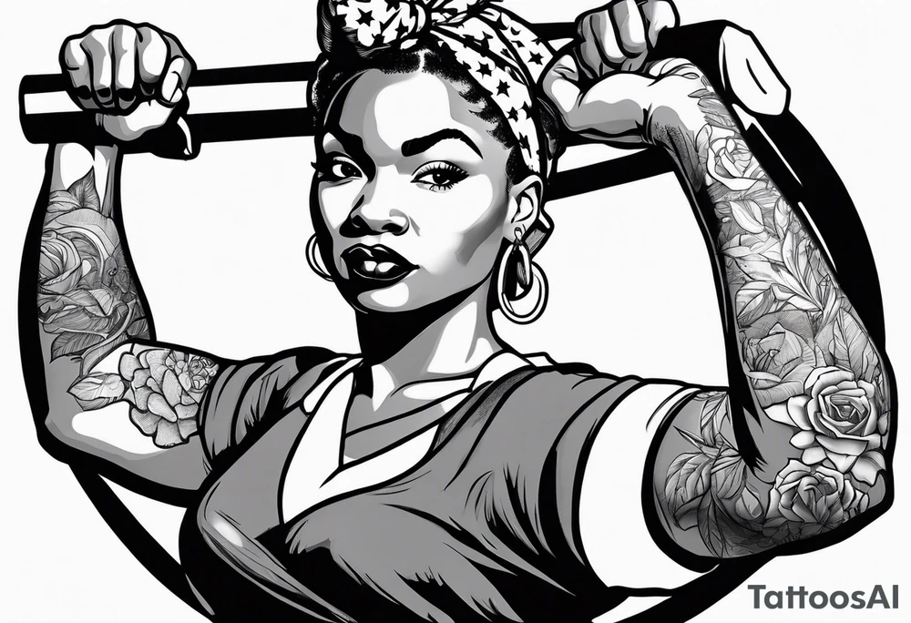 Beautiful black Rosie the riveter, making a muscle, realistic, wearing a bandanna, tied backwards, tattoo idea