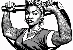 Beautiful black Rosie the riveter, making a muscle, realistic, wearing a bandanna, tied backwards, tattoo idea