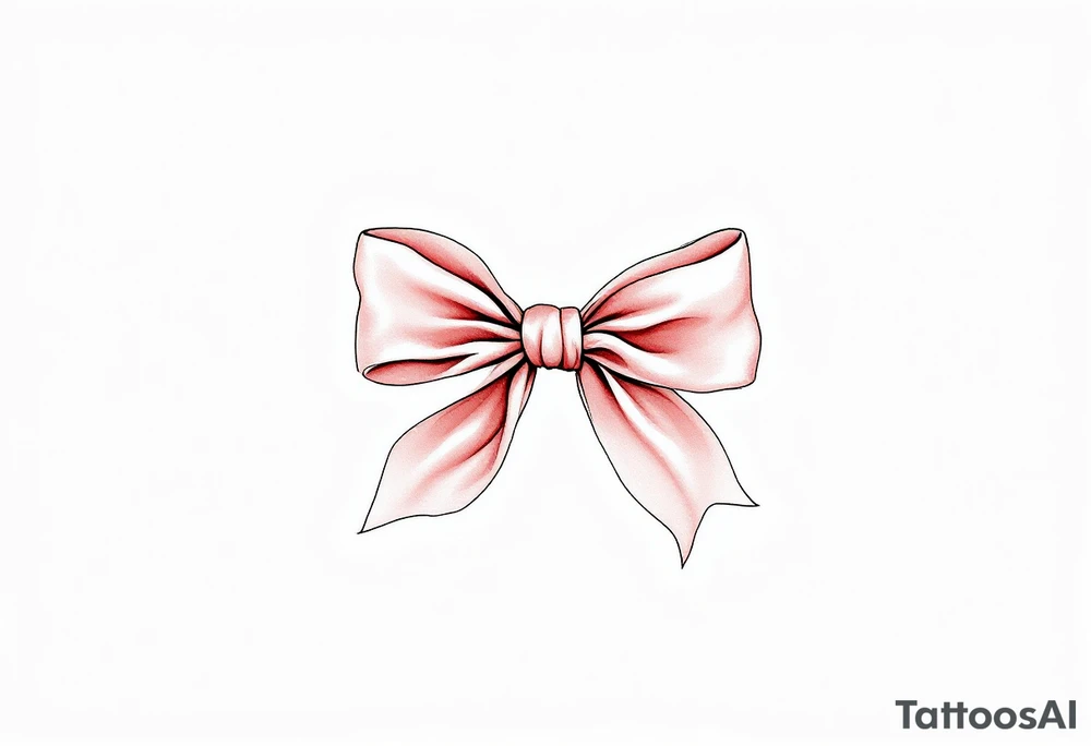 An elegant satin bow tattoo, tied in a perfect knot. The bow is rendered in a soft blush pink with gentle highlights, creating a realistic silk-like sheen. Subtle shadows add depth, making the fabric appear delicately folded. The knot at the center is slightly darker, emphasizing its structure and strength. tattoo idea