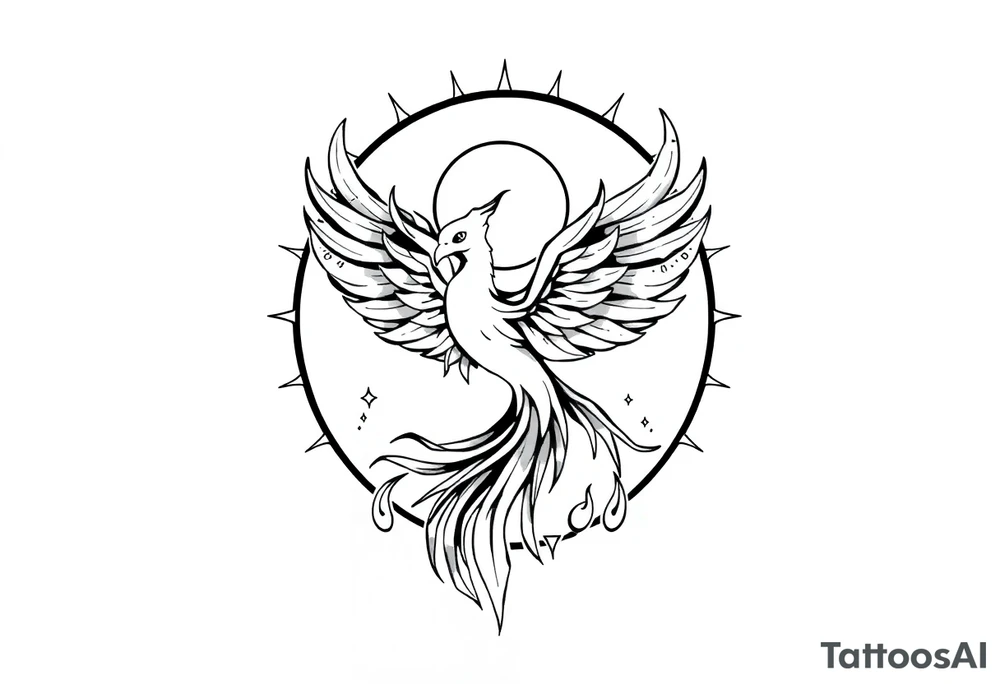 magical phoenix rising from golden flames with trailing embers surrounded by geometric sun and moon tattoo idea