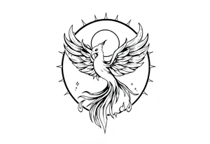 magical phoenix rising from golden flames with trailing embers surrounded by geometric sun and moon tattoo idea