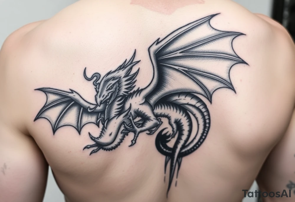 a full picture of a dragon flying aggressively tattoo idea