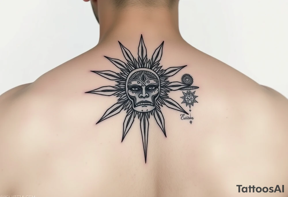 Curicaueri the sun god with purépecha line designs and Cuitzeo the war god tattoo idea