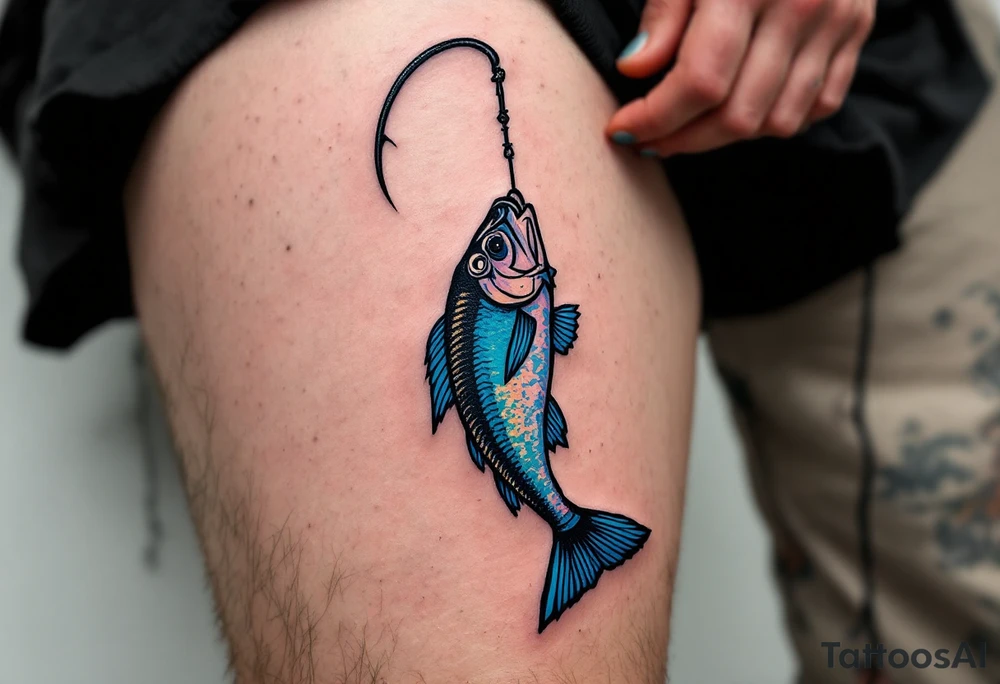 Hook with Fish Silhouette – A black fishing hook with a silhouette of a fish dangling on the line, both intricately detailed in shades of blue and gray to highlight the connection between hunter and prey. tattoo idea