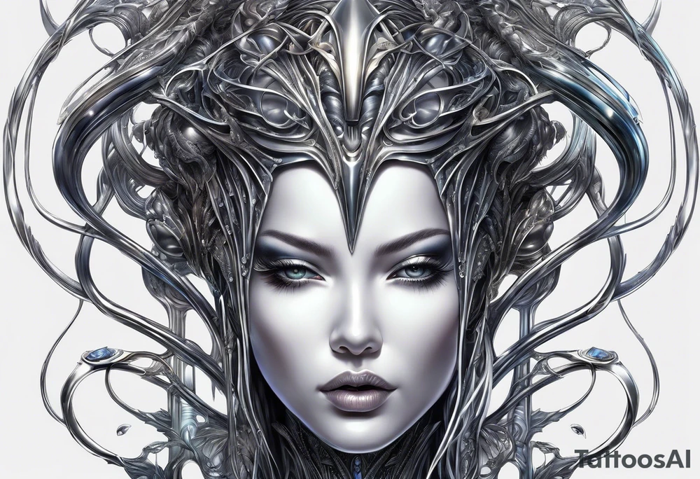 Hajime Sorayama type blended with HR Giger alien creatures with vines tattoo idea