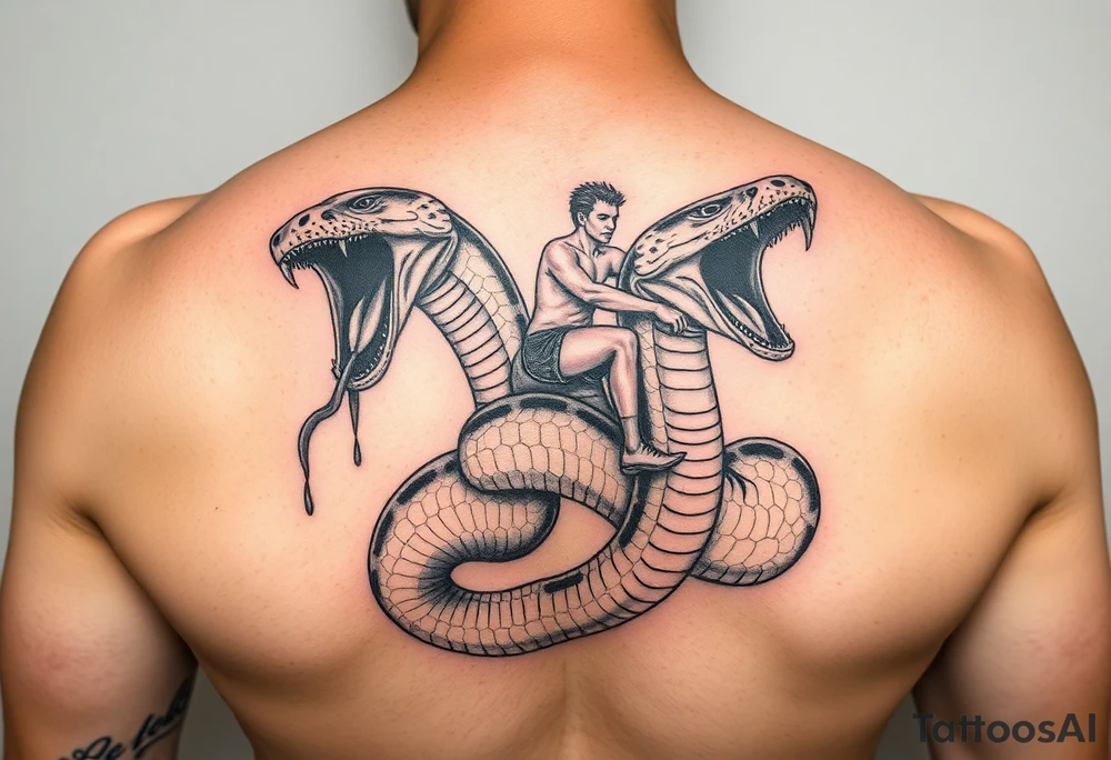 1 dominate head the 1 and the other bigger and scarier both heads giant fangs out 1 head pulling away so hard there’s blood on the neck where the 2 heads split its 2 fierce baby cobra heads and a man riding on the snake like it was bull riding tattoo idea